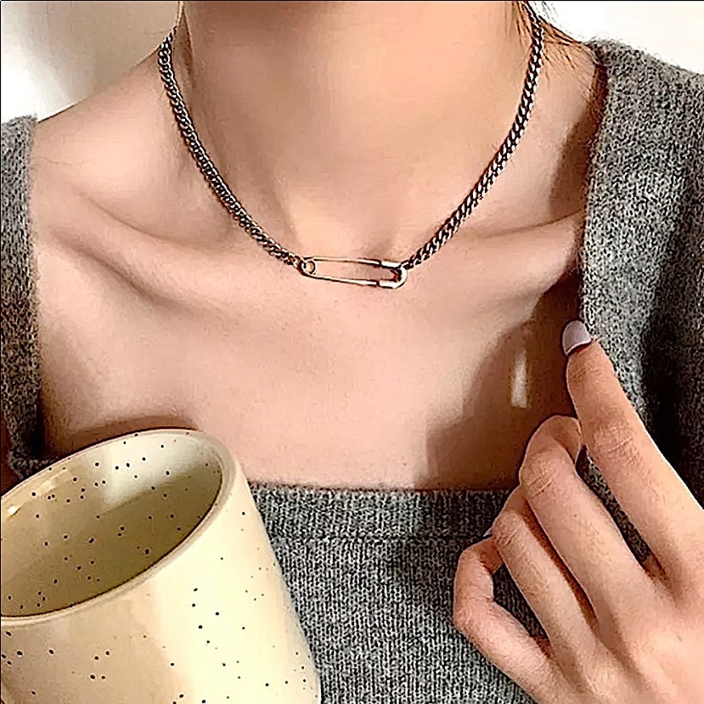 Safety Pin Sterling Silver Chain Link Minimalist Necklace